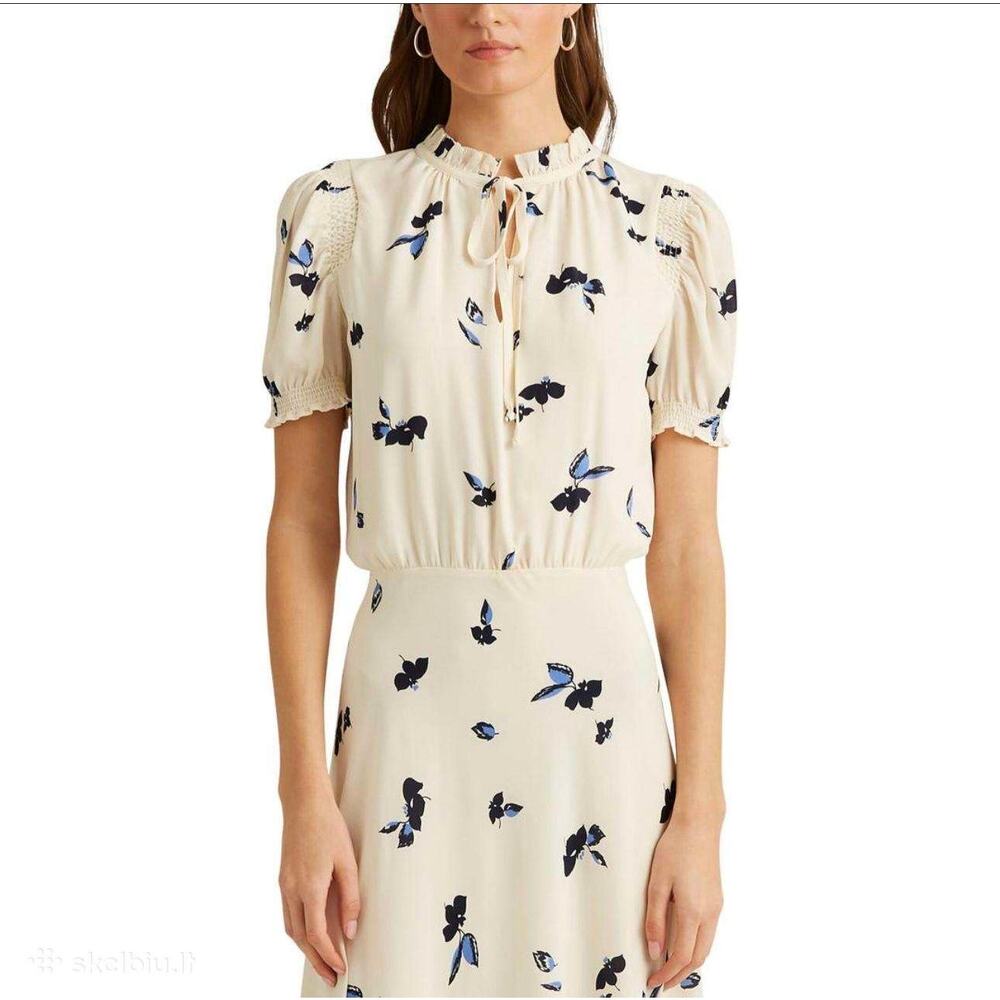 Lauren Ralph Lauren black label Floral Tie-Neck Georgette Dress Ivory & blue 16